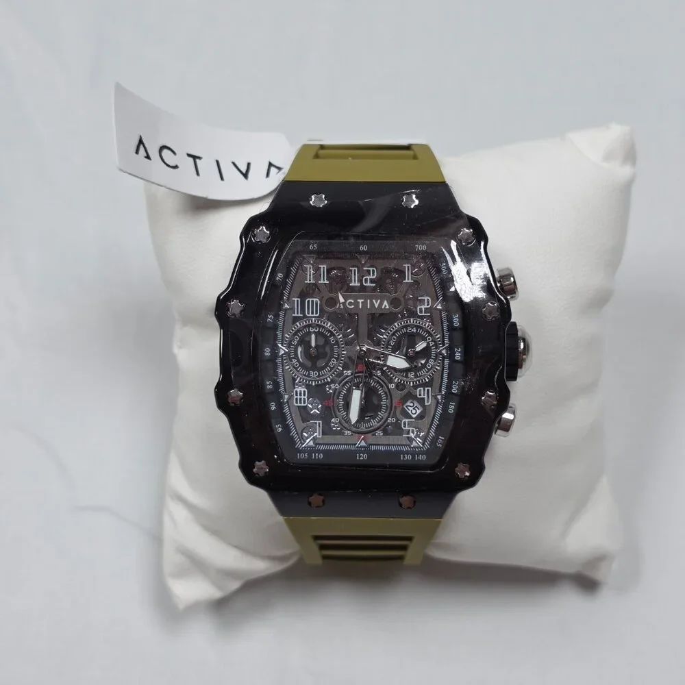 ACTIVA Chronograph Style Watch Olive Green Silicone Strap‎ Skeleton Dial New Box